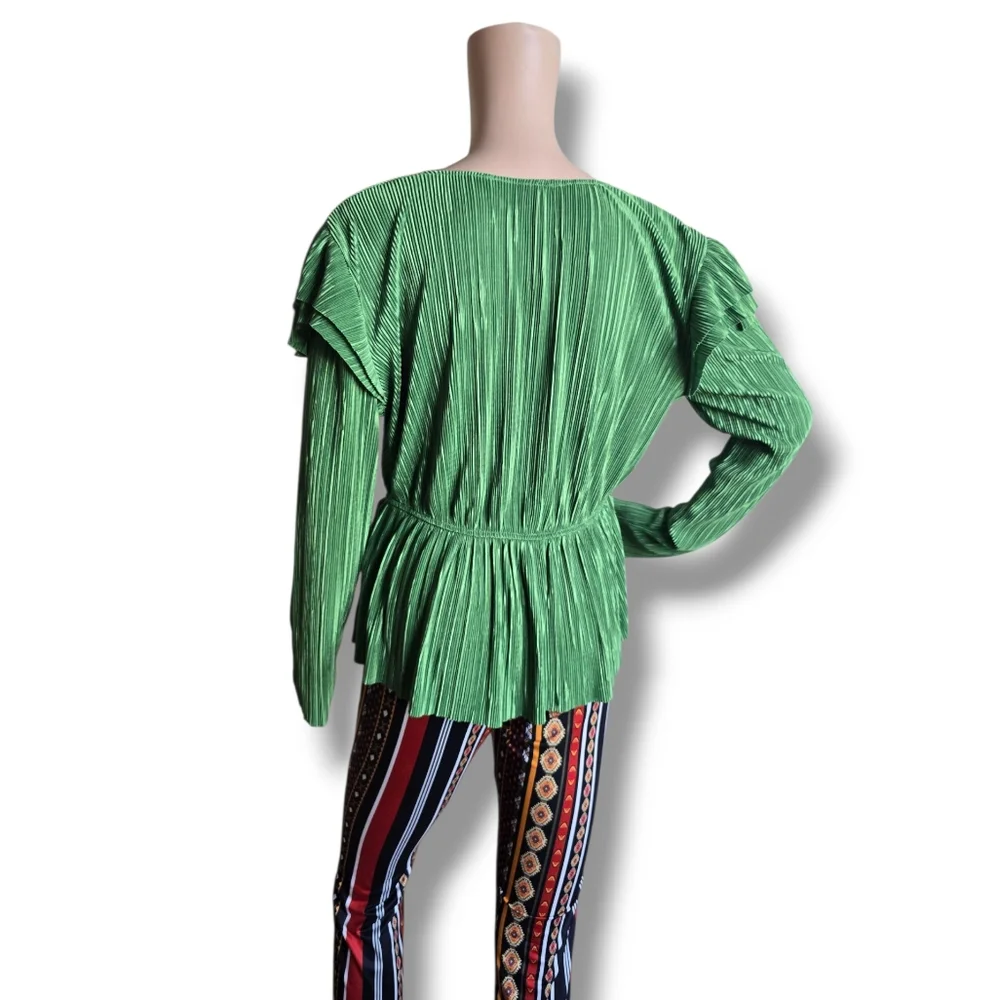 Zara Green Pleated Short Sleeve Blouse - Picture 9 of 16